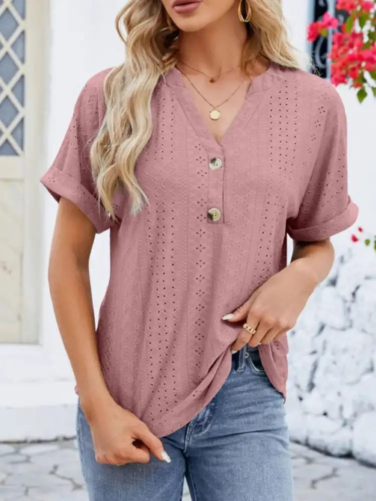 Eyelet Notched Short Sleeve Blouse