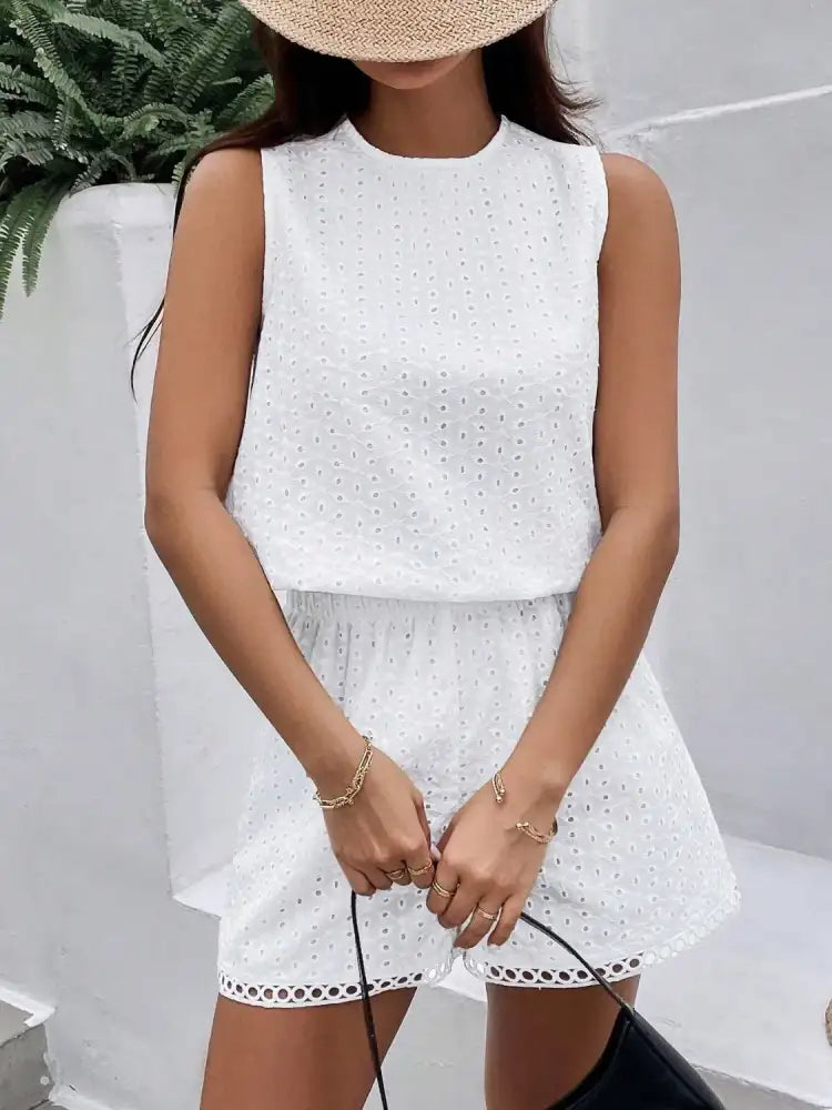 Eyelet Round Neck Top and Shorts Set