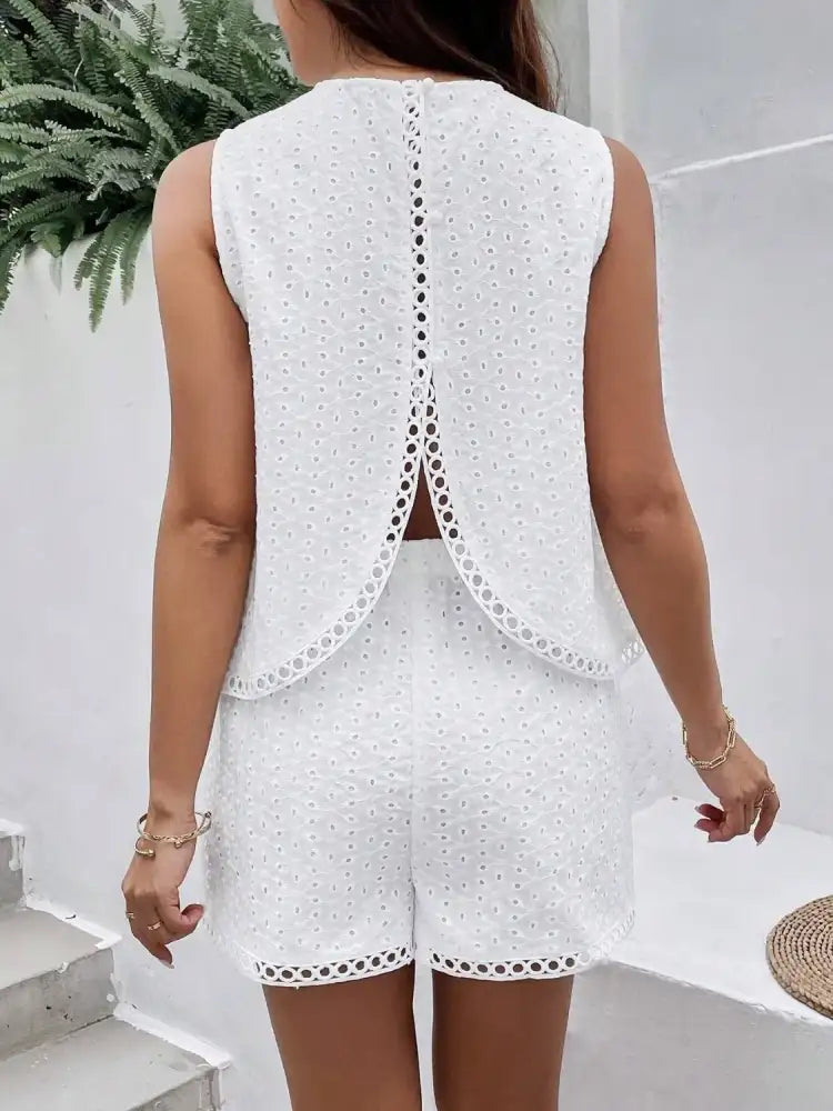 Eyelet Round Neck Top and Shorts Set