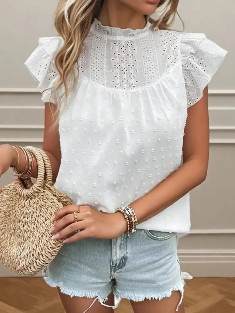 Eyelet Swiss Dot Cap Sleeve Blouse