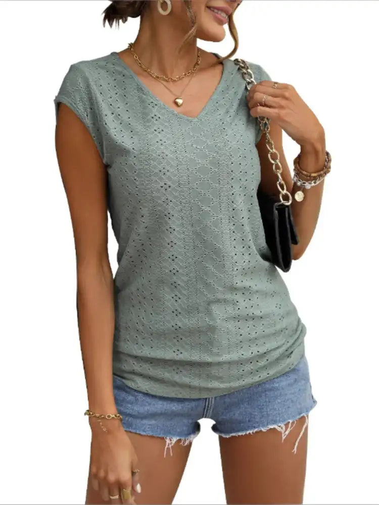 Eyelet V-Neck Cap Sleeve T-Shirt