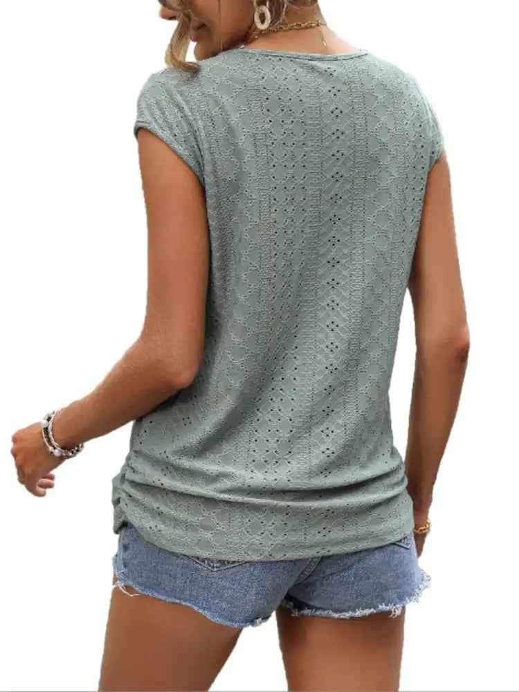 Eyelet V-Neck Cap Sleeve T-Shirt