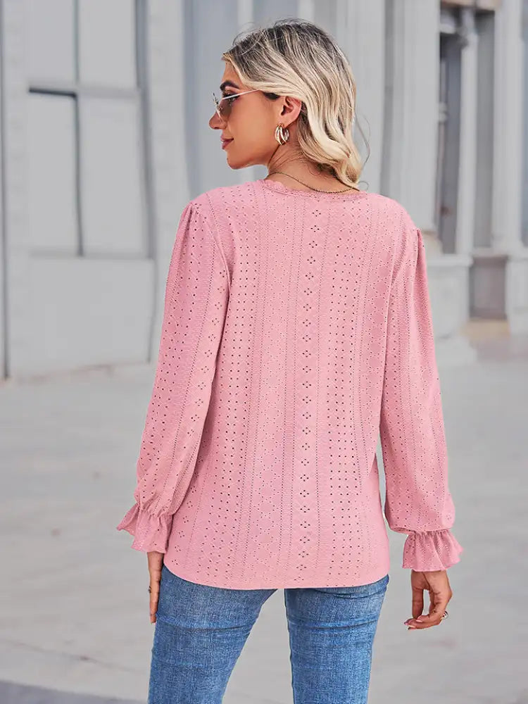 Eyelet V-Neck Flounce Sleeve Blouse