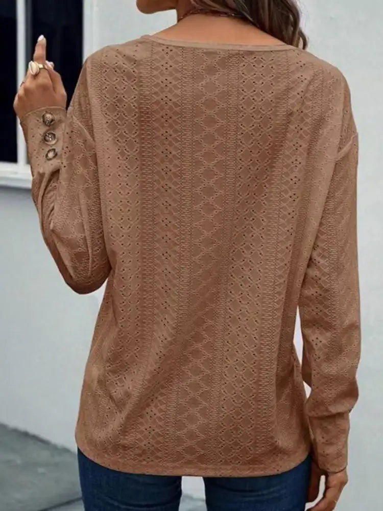 Eyelet V-Neck Long Sleeve Blouse