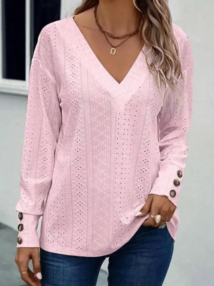 Eyelet V-Neck Long Sleeve Blouse