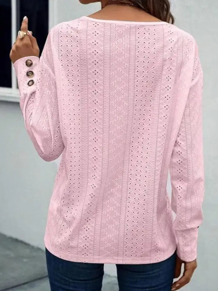 Eyelet V-Neck Long Sleeve Blouse