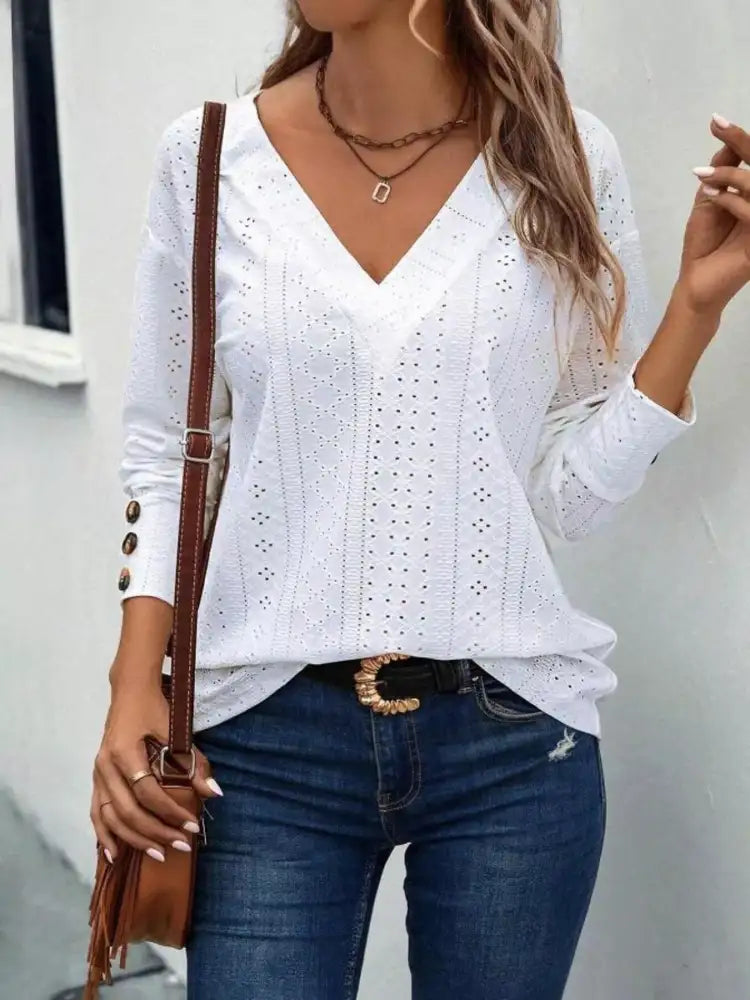 Eyelet V-Neck Long Sleeve Blouse