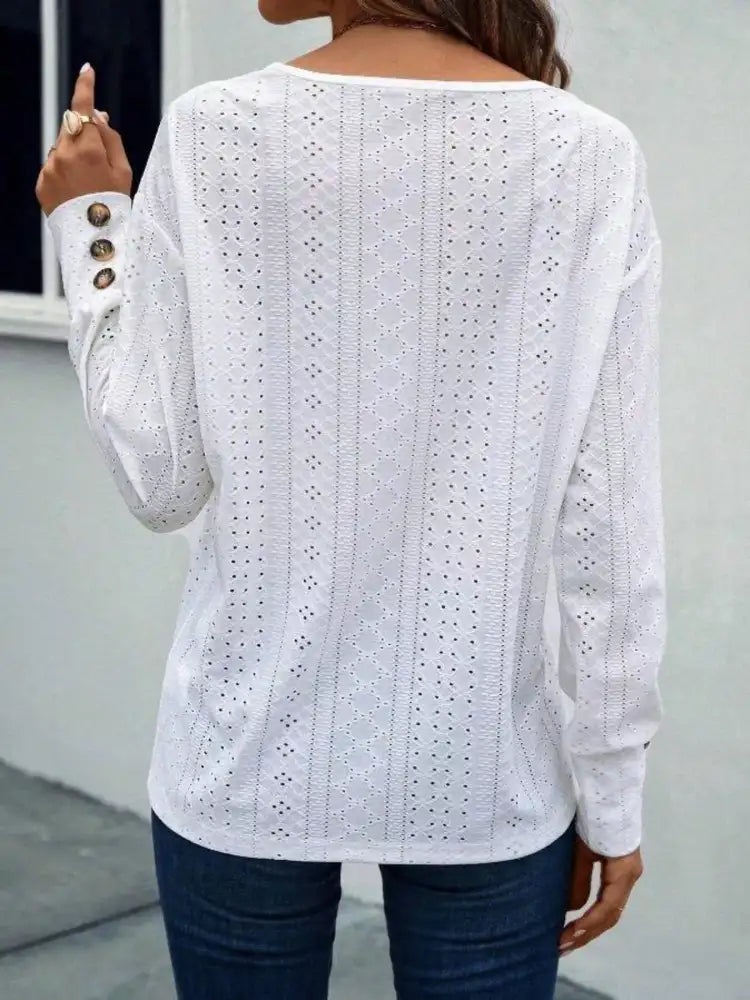 Eyelet V-Neck Long Sleeve Blouse