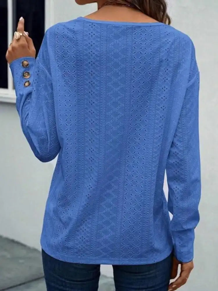 Eyelet V-Neck Long Sleeve Blouse