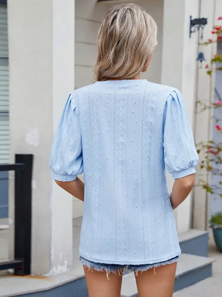 Eyelet V-Neck Puff Sleeve Casual Top