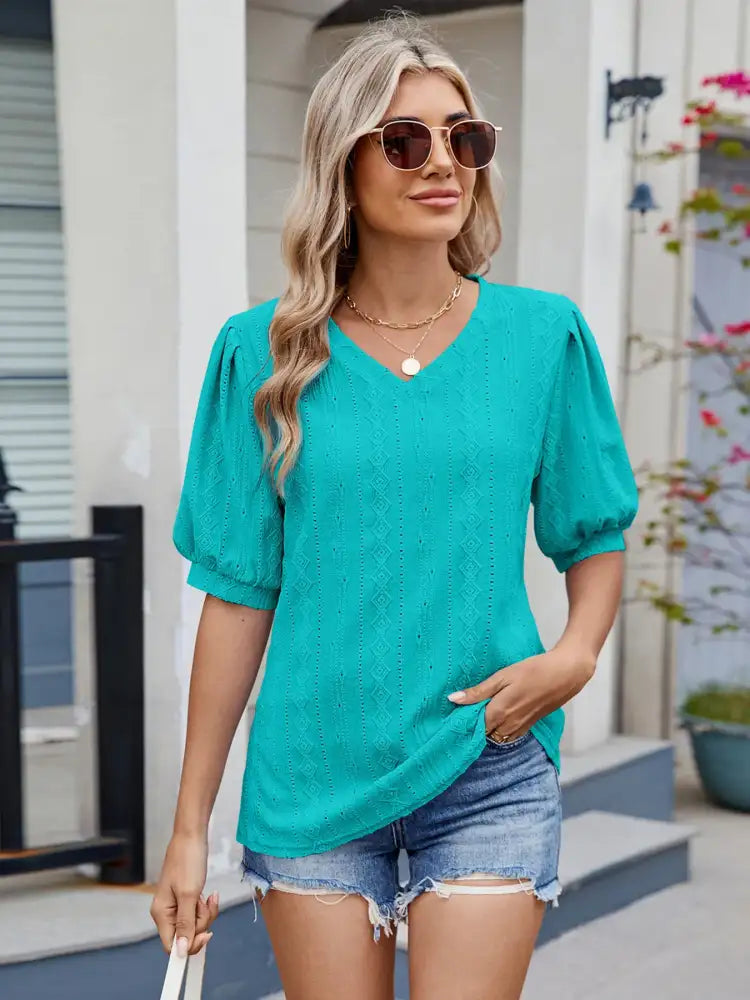 Eyelet V-Neck Puff Sleeve Casual Top