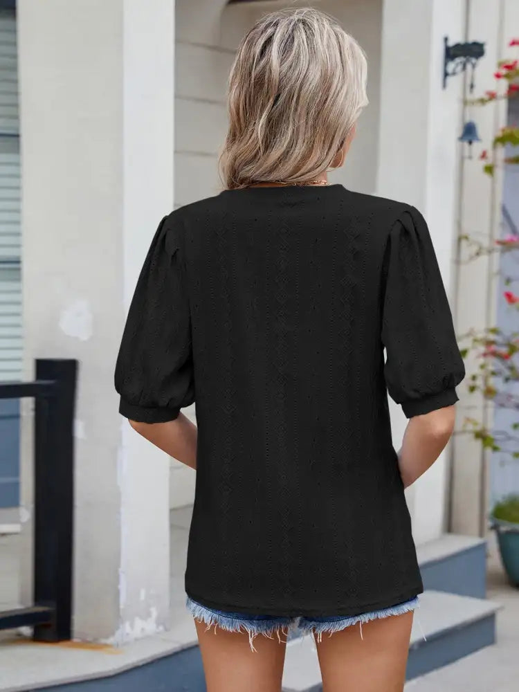 Eyelet V-Neck Puff Sleeve Casual Top