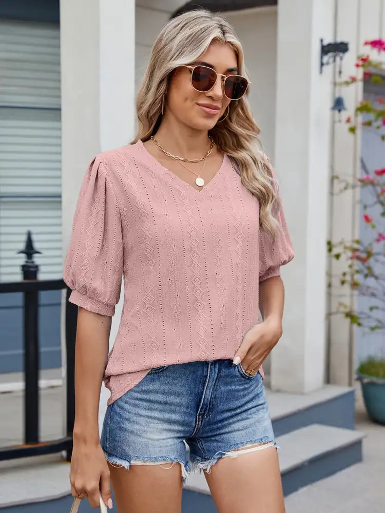 Eyelet V-Neck Puff Sleeve Casual Top