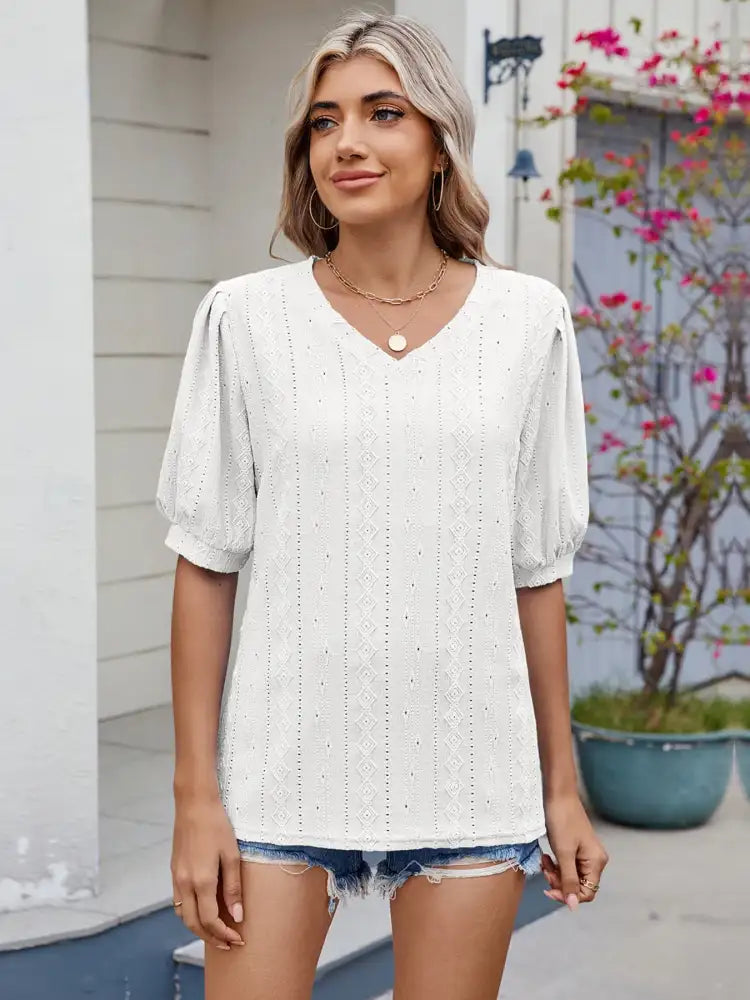 Eyelet V-Neck Puff Sleeve Casual Top