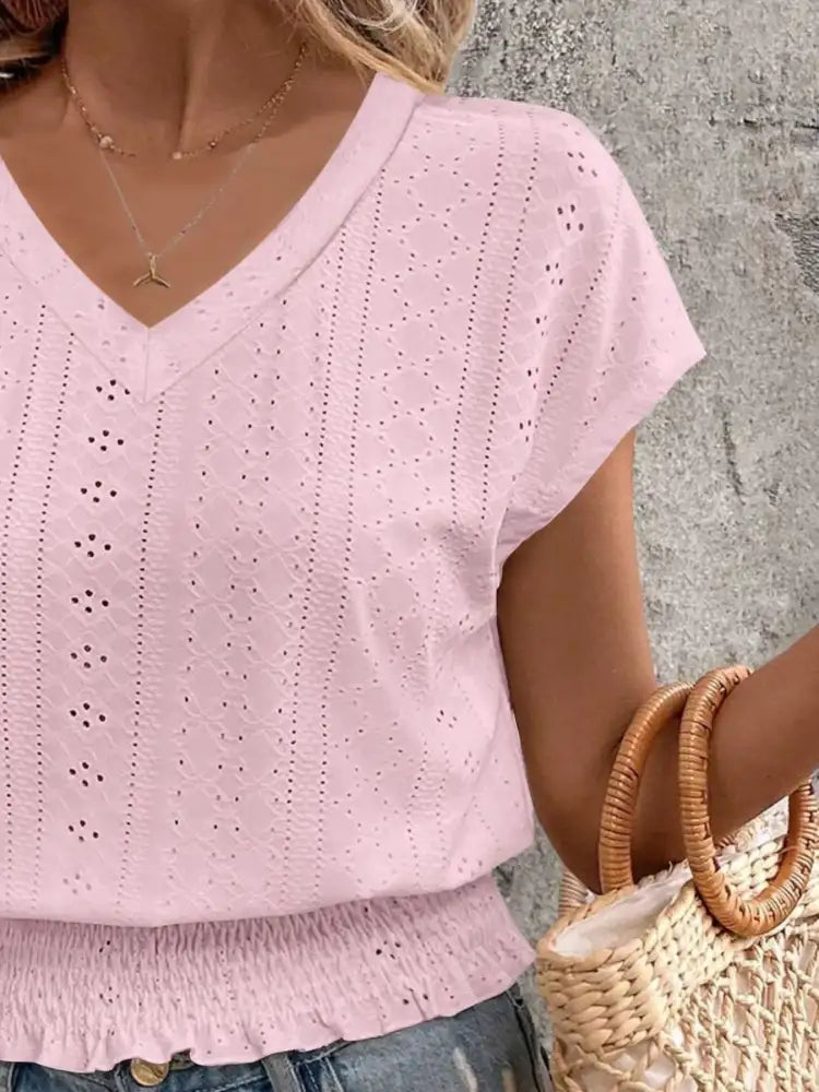 Eyelet V-Neck Short Sleeve Blouse