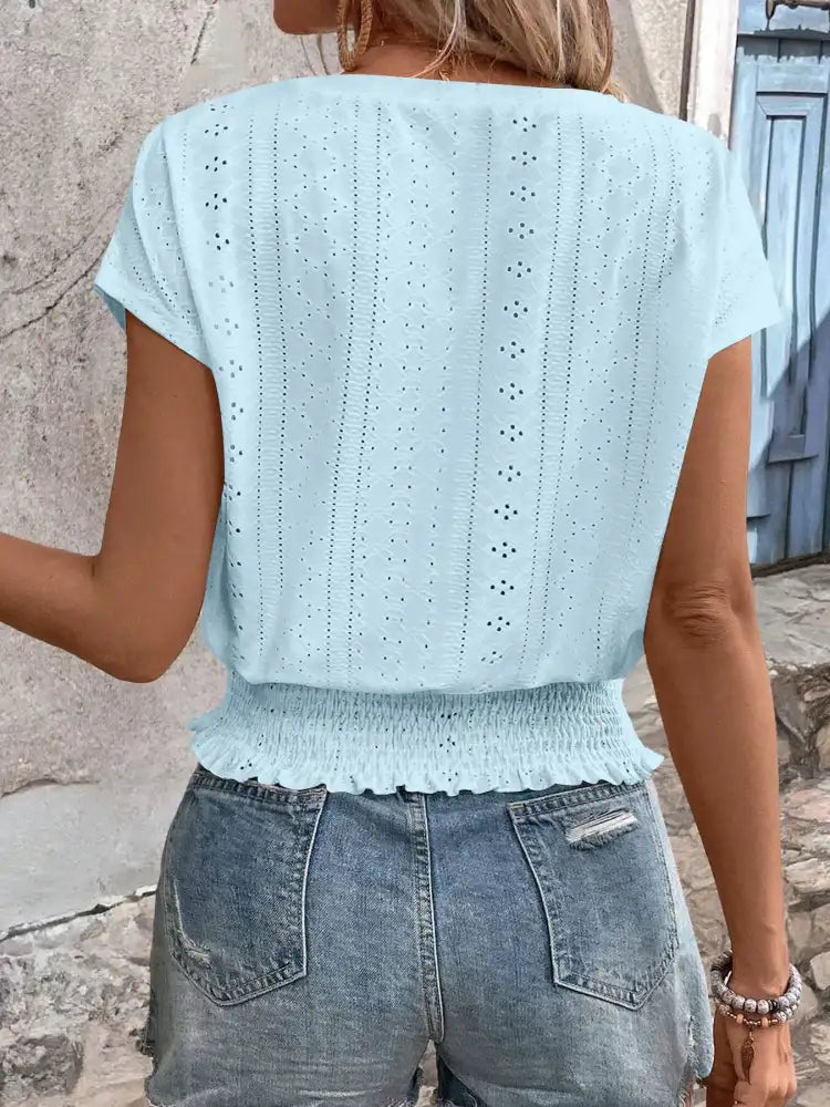 Eyelet V-Neck Short Sleeve Blouse