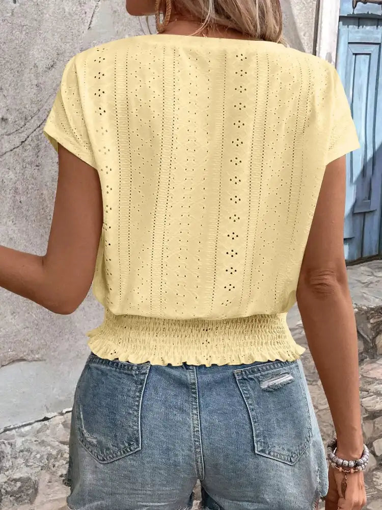 Eyelet V-Neck Short Sleeve Blouse