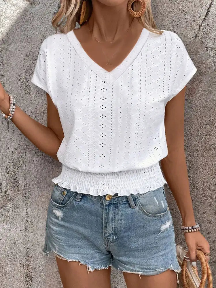 Eyelet V-Neck Short Sleeve Blouse
