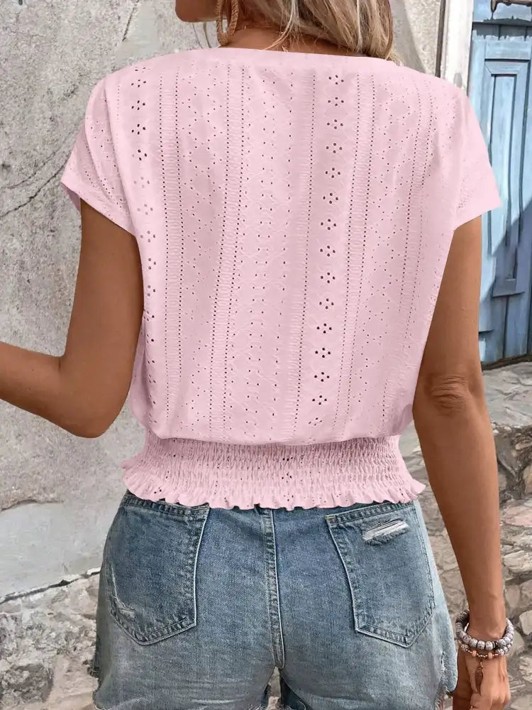 Eyelet V-Neck Short Sleeve Blouse