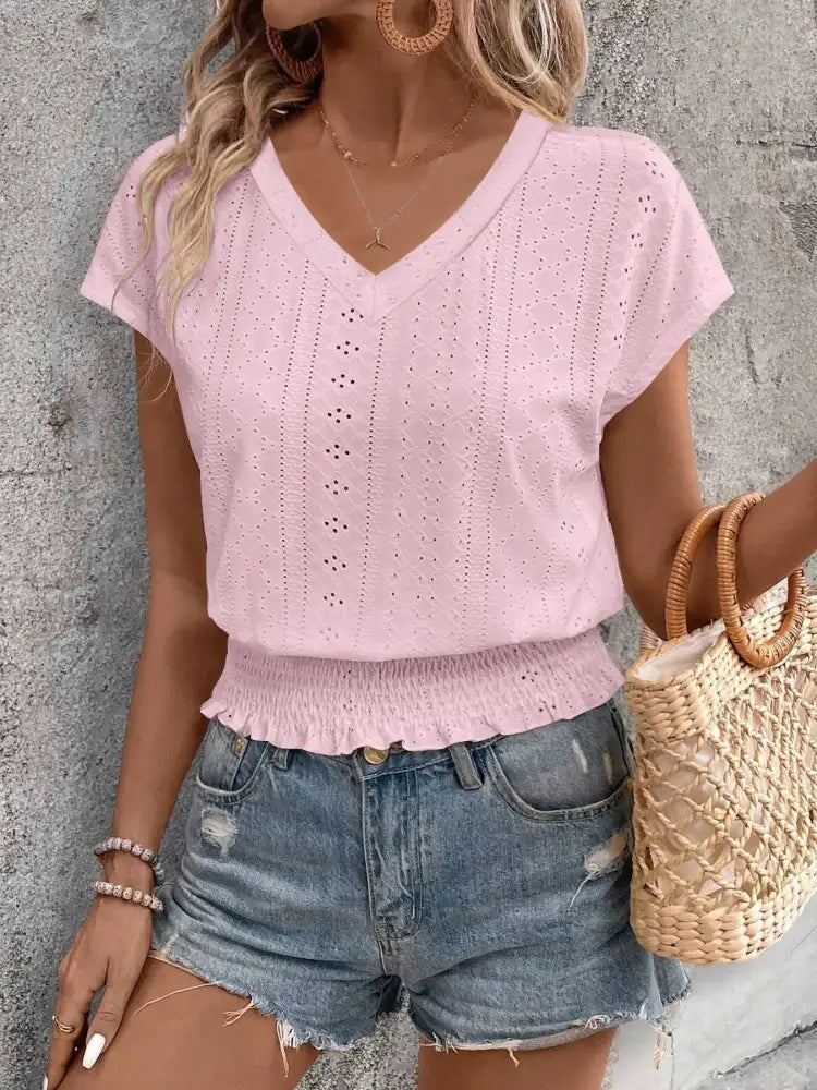 Eyelet V-Neck Short Sleeve Blouse