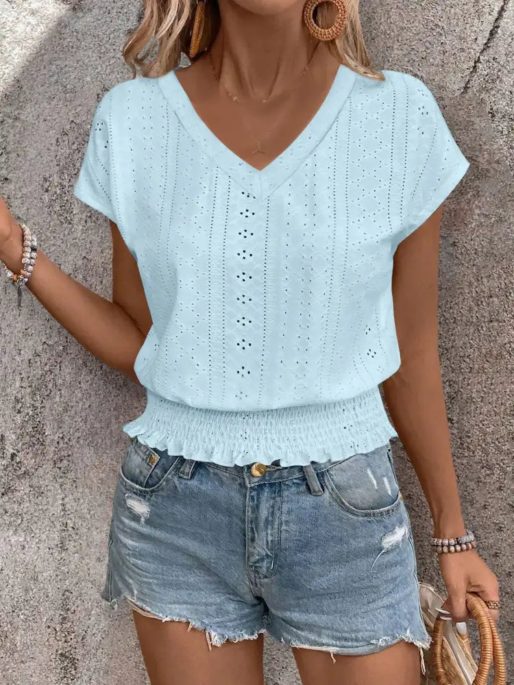 Eyelet V-Neck Short Sleeve Blouse