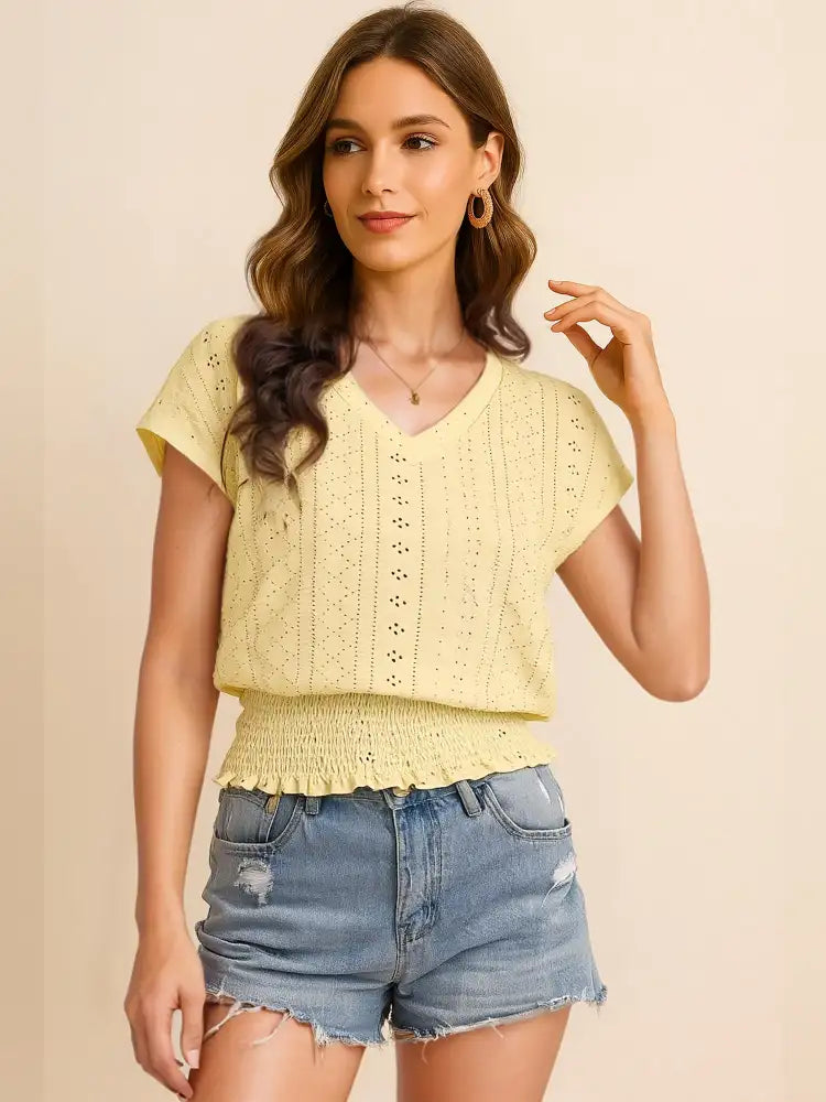 Eyelet V-Neck Short Sleeve Blouse