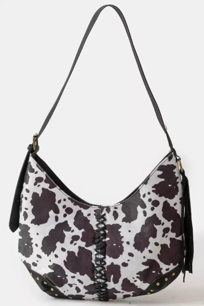 Fame Cow Print Hobo Shoulder Bag with Studded Details
