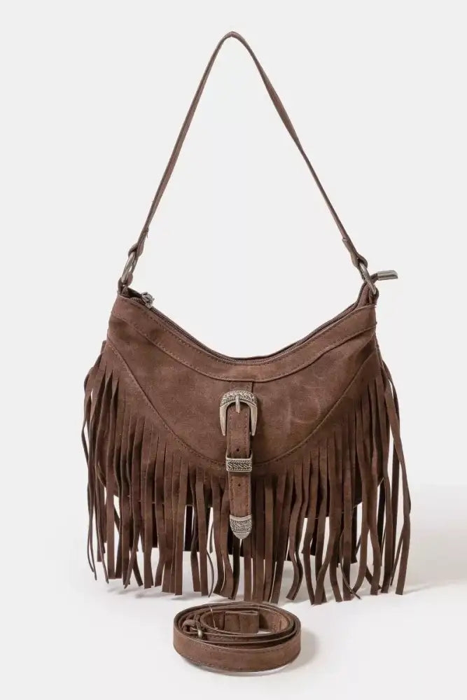 Fame Faux Suede Cascade Fringe Shoulder Bag
