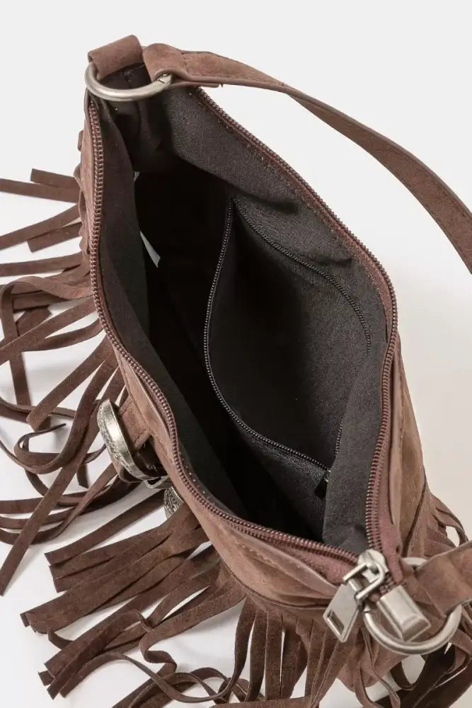 Fame Faux Suede Cascade Fringe Shoulder Bag
