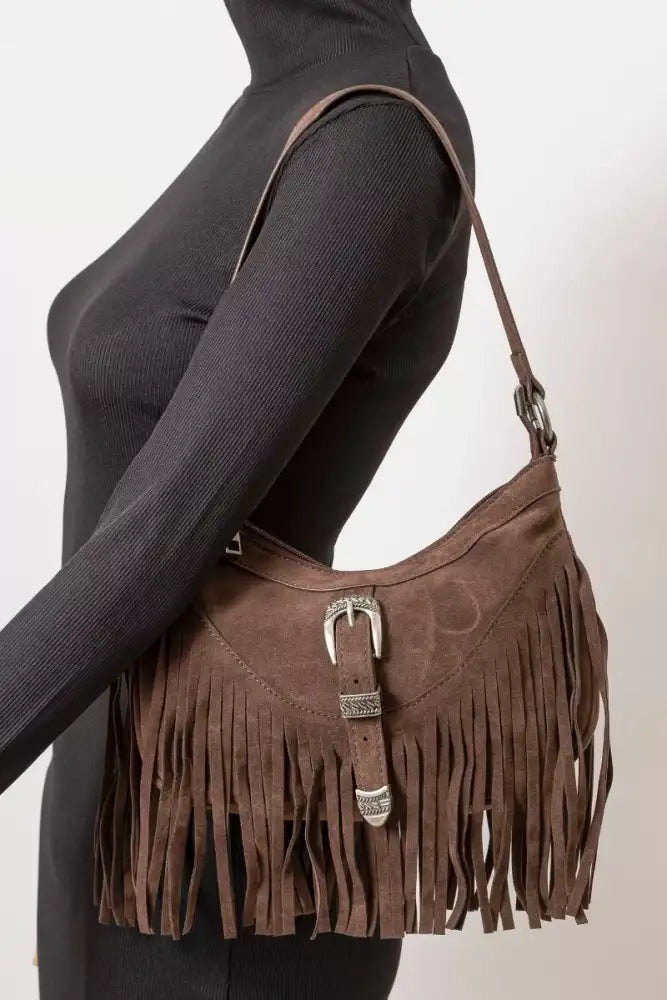 Fame Faux Suede Cascade Fringe Shoulder Bag