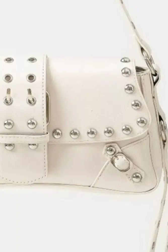 Fame Glossy Faux Leather Rivet Trim Shoulder Bag