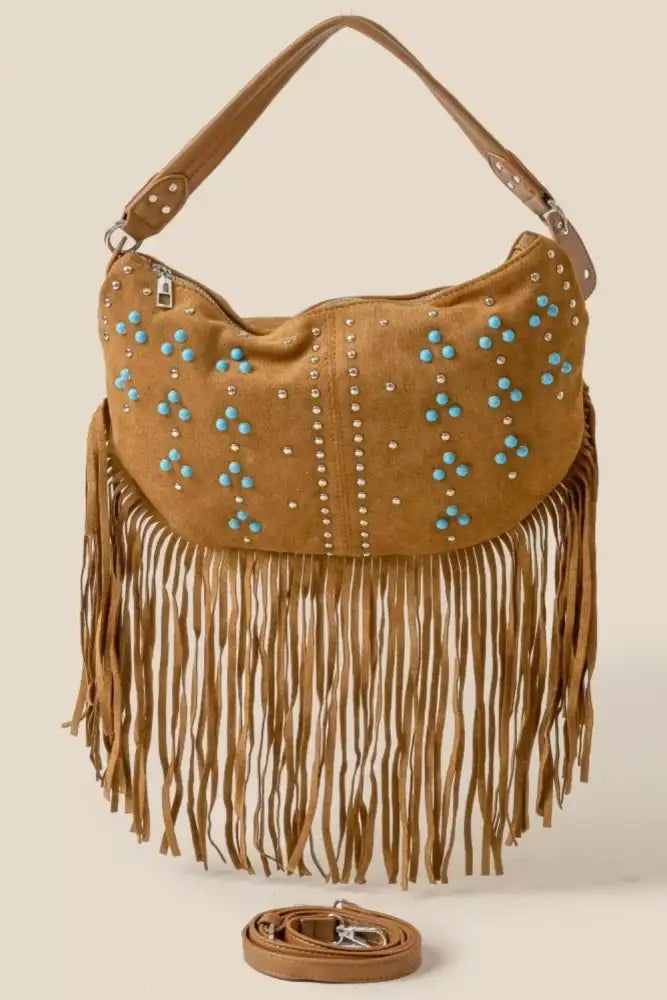 Fame Studded Pattern Multi Fringe Hobo Shoulder Bag
