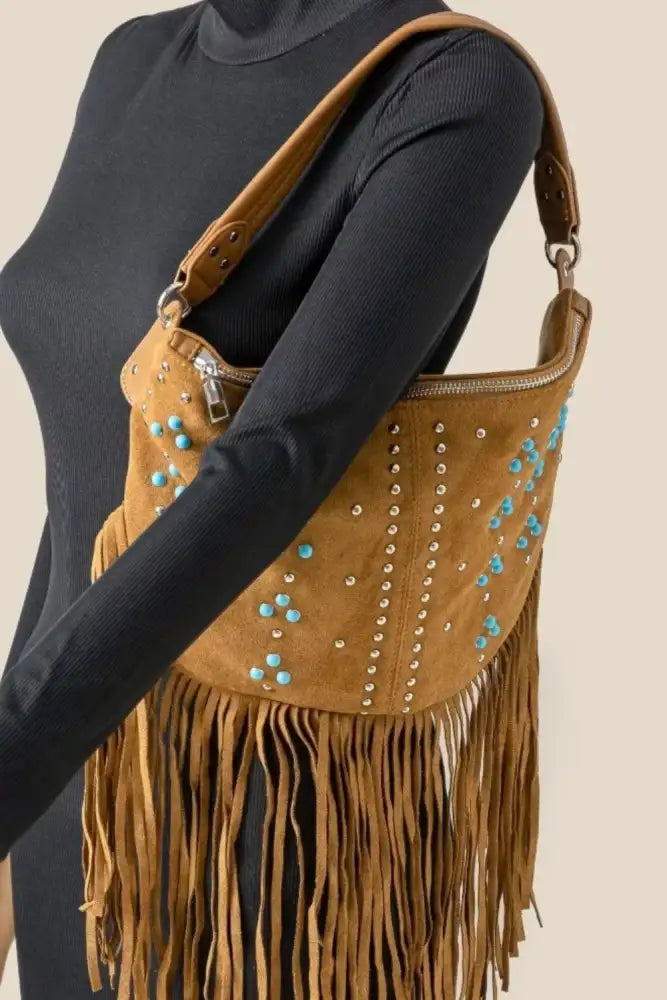 Fame Studded Pattern Multi Fringe Hobo Shoulder Bag