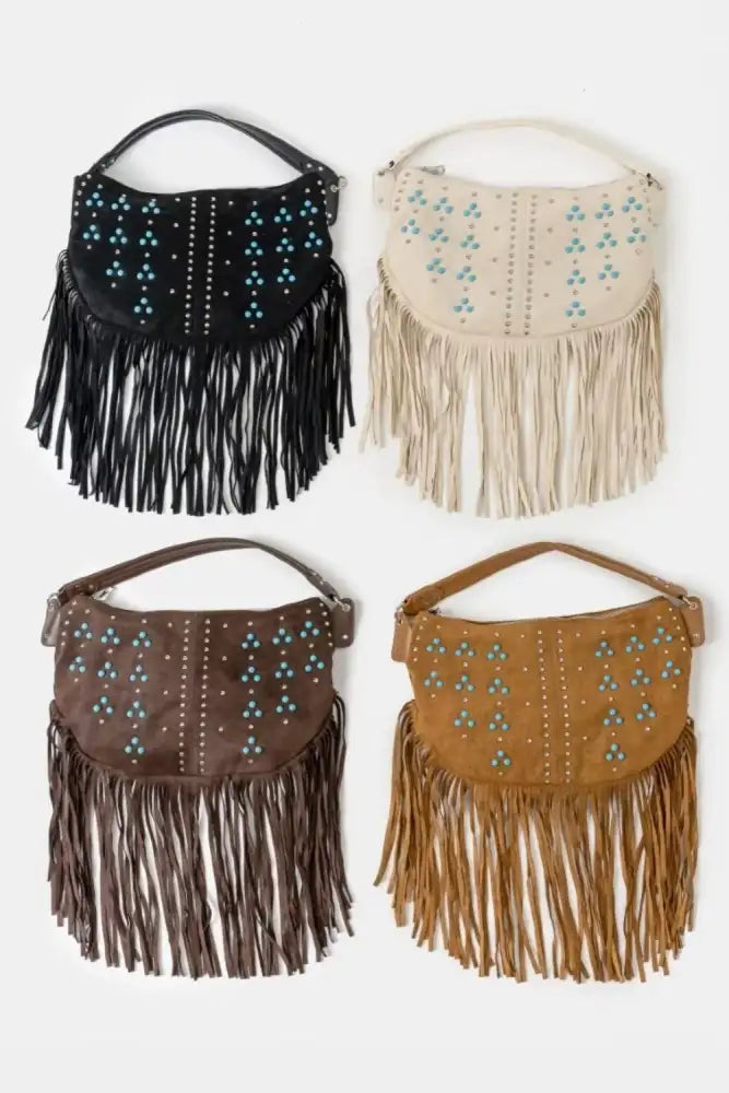 Fame Studded Pattern Multi Fringe Hobo Shoulder Bag