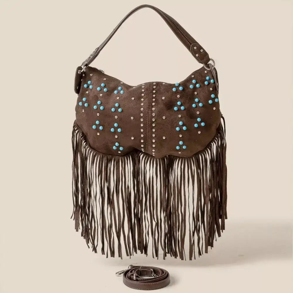 Fame Studded Pattern Multi Fringe Hobo Shoulder Bag