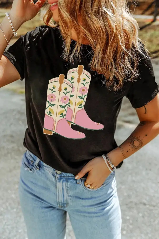Floral Cowgirl Boots Graphic T-Shirt