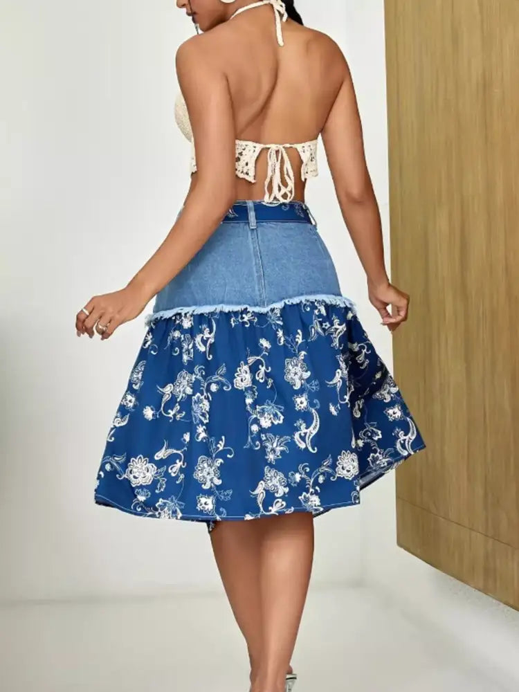 Floral Denim Skirt with Frayed Hem Detail
