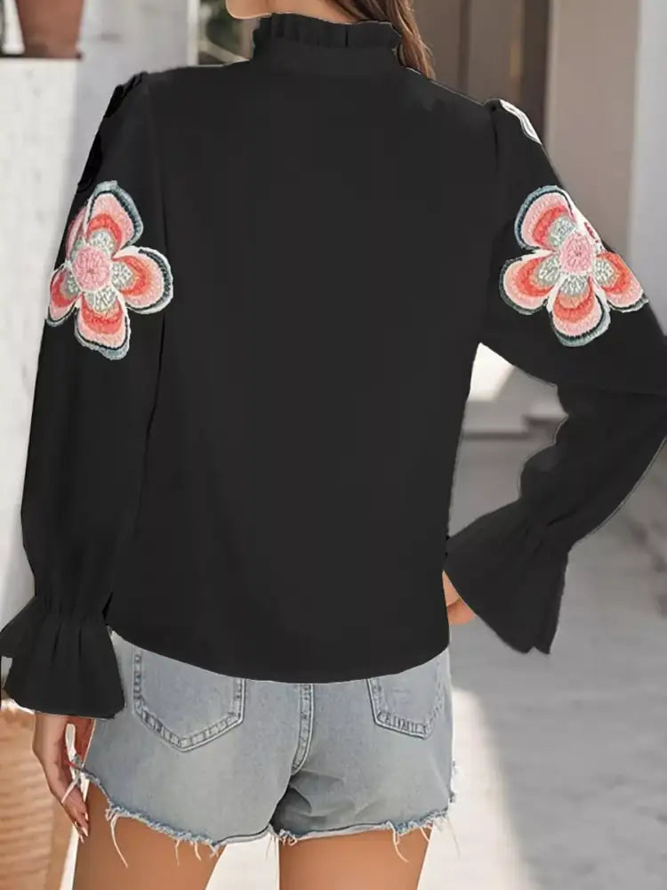 Floral Embroidered Notched Long Sleeve Blouse