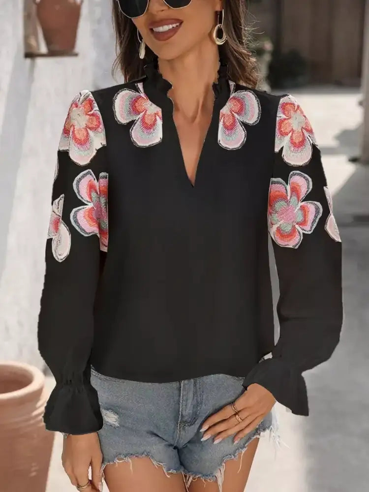 Floral Embroidered Notched Long Sleeve Blouse