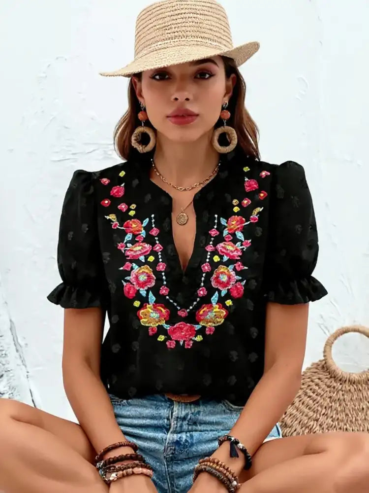 Floral Embroidered Puff Sleeve Blouse