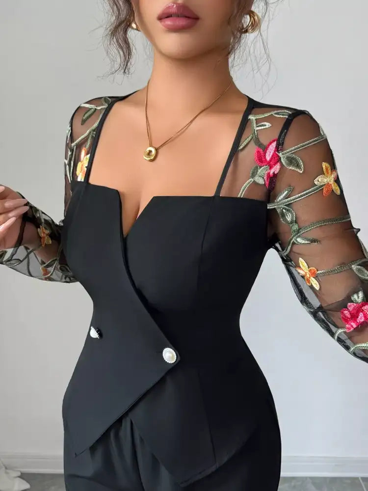 Floral Embroidered Sleeve Top and Pants Set