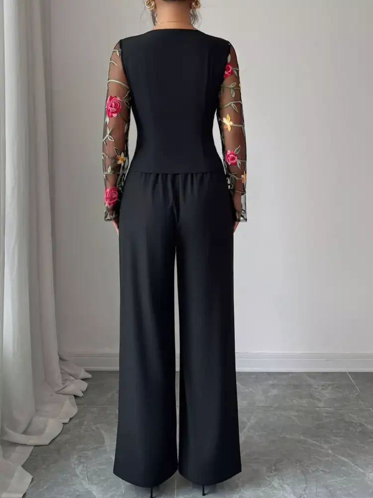 Floral Embroidered Sleeve Top and Pants Set