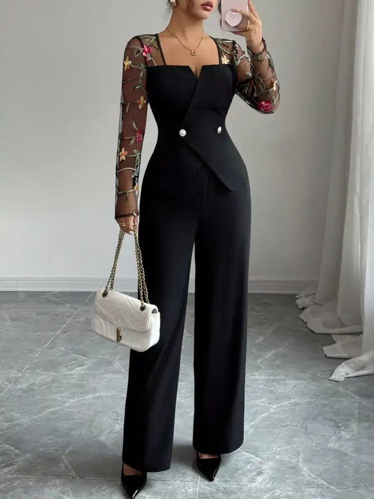 Floral Embroidered Sleeve Top and Pants Set