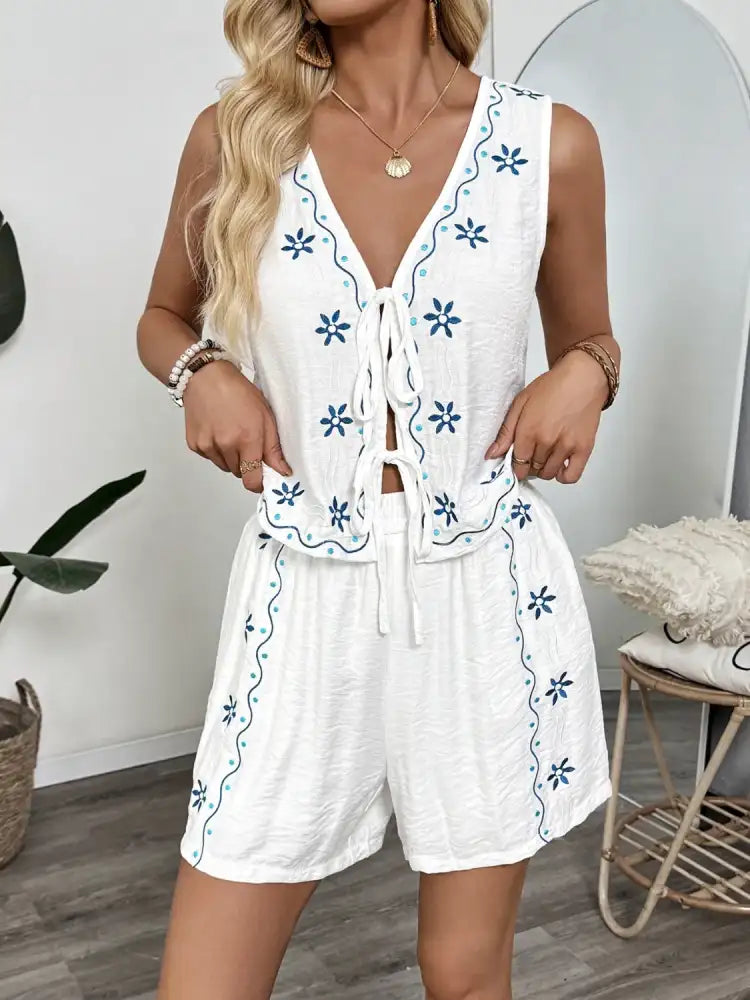 Floral Embroidered Vest and Shorts Set