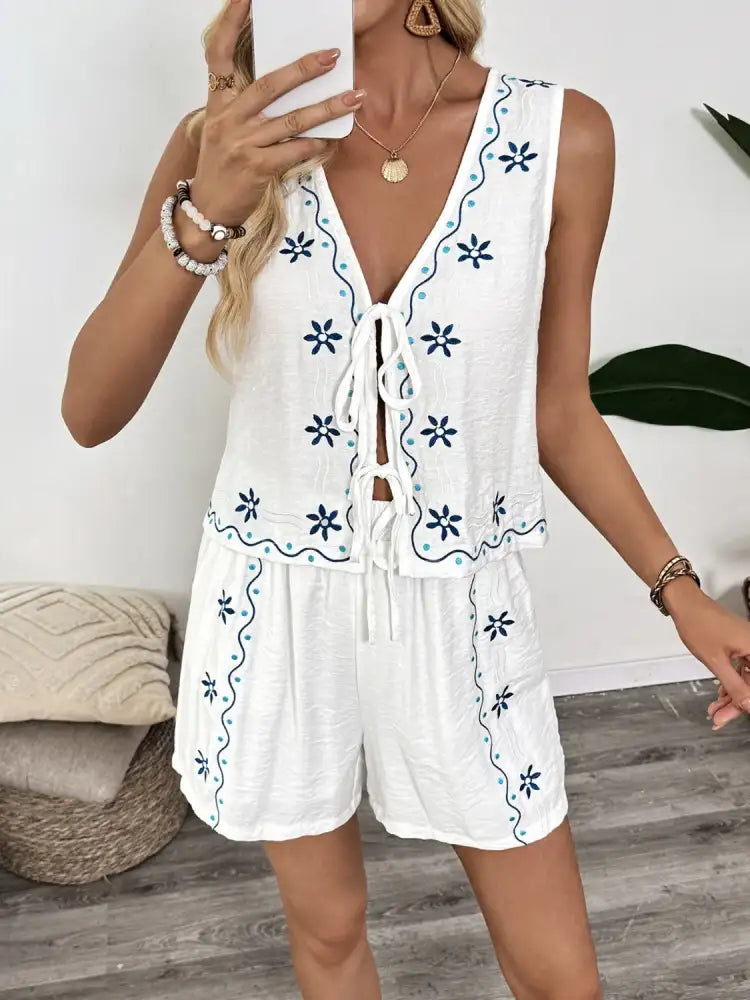 Floral Embroidered Vest and Shorts Set