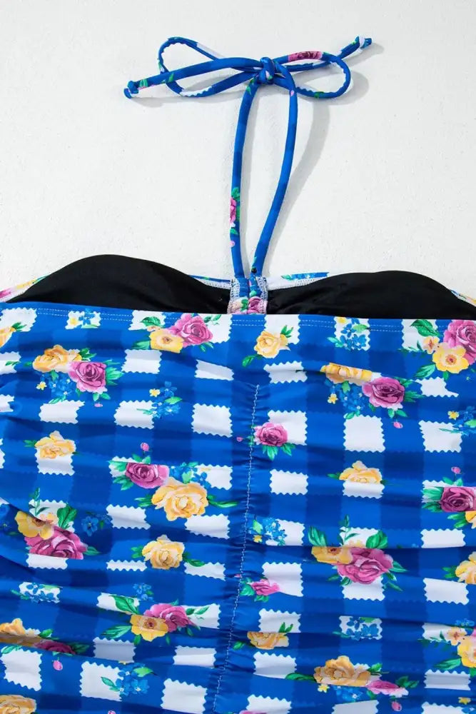 Floral Gingham Halter Neck Drawstring One Piece Swimwear