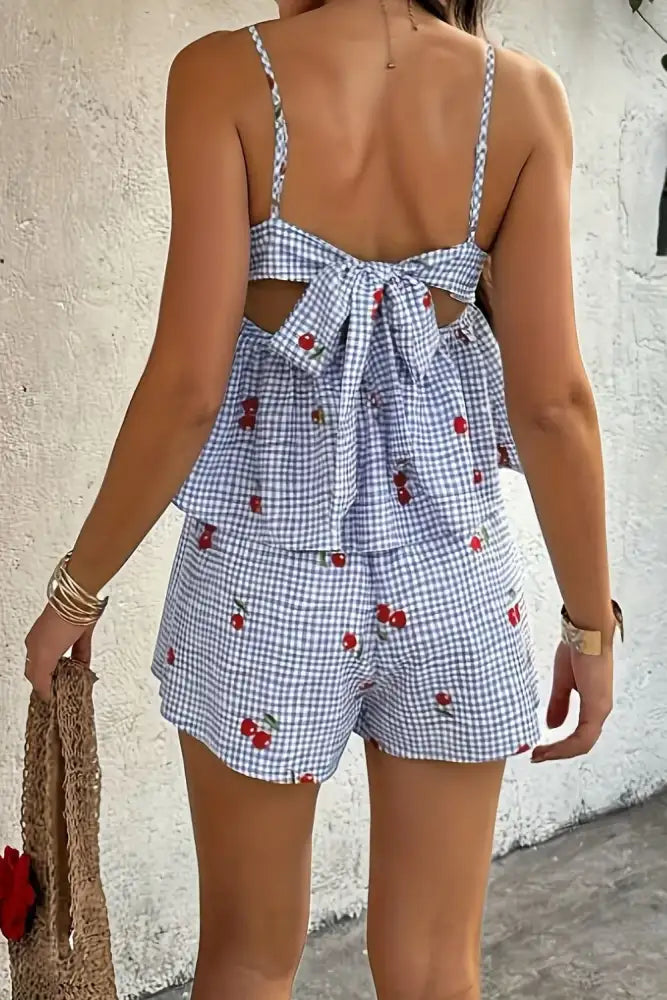 Floral Gingham Print Cami and Shorts Two-Piece Set