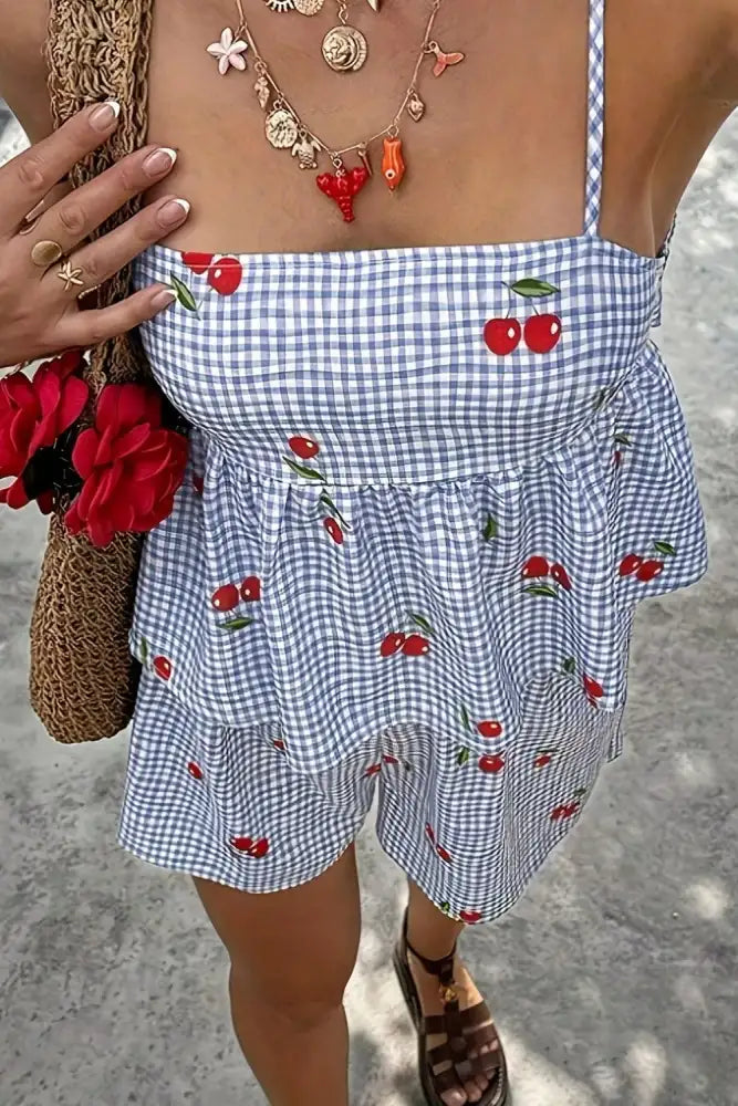 Floral Gingham Print Cami and Shorts Two-Piece Set
