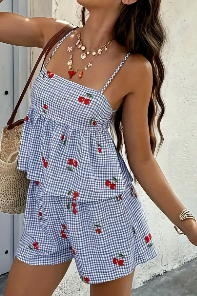 Floral Gingham Print Cami and Shorts Two-Piece Set