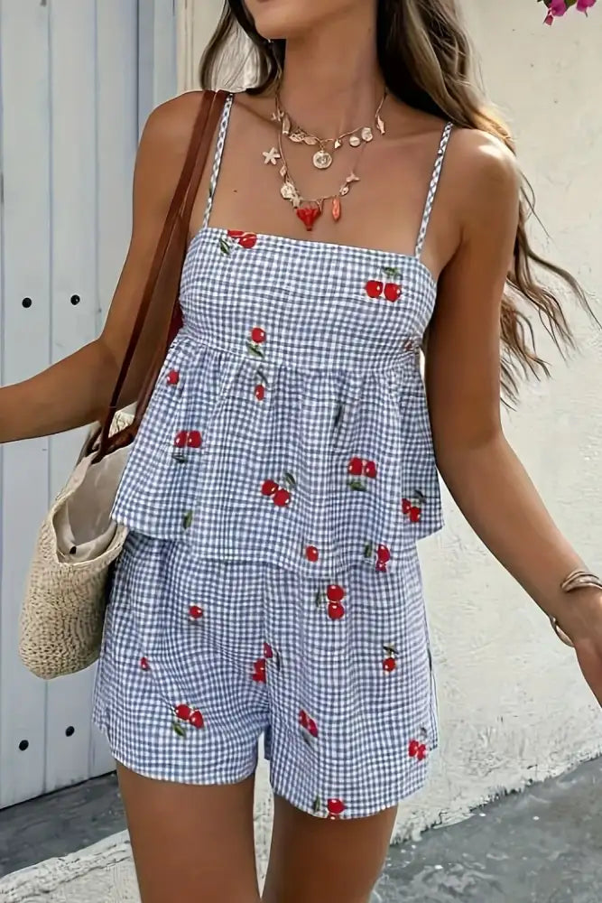 Floral Gingham Print Cami and Shorts Two-Piece Set